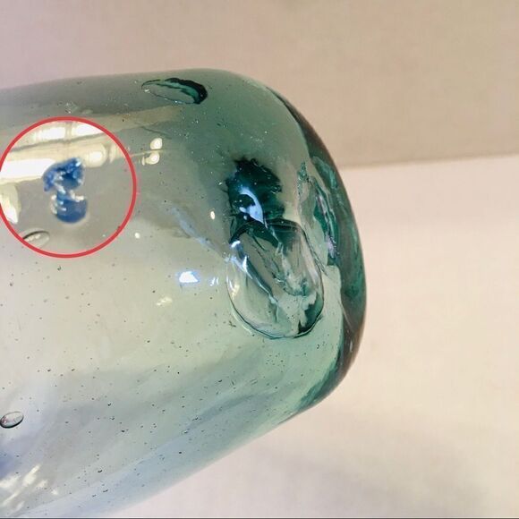 Green Tint Cobalt Blue Rim Bubbled Blown Art Glass Bud Vase - Picture 16 of 16